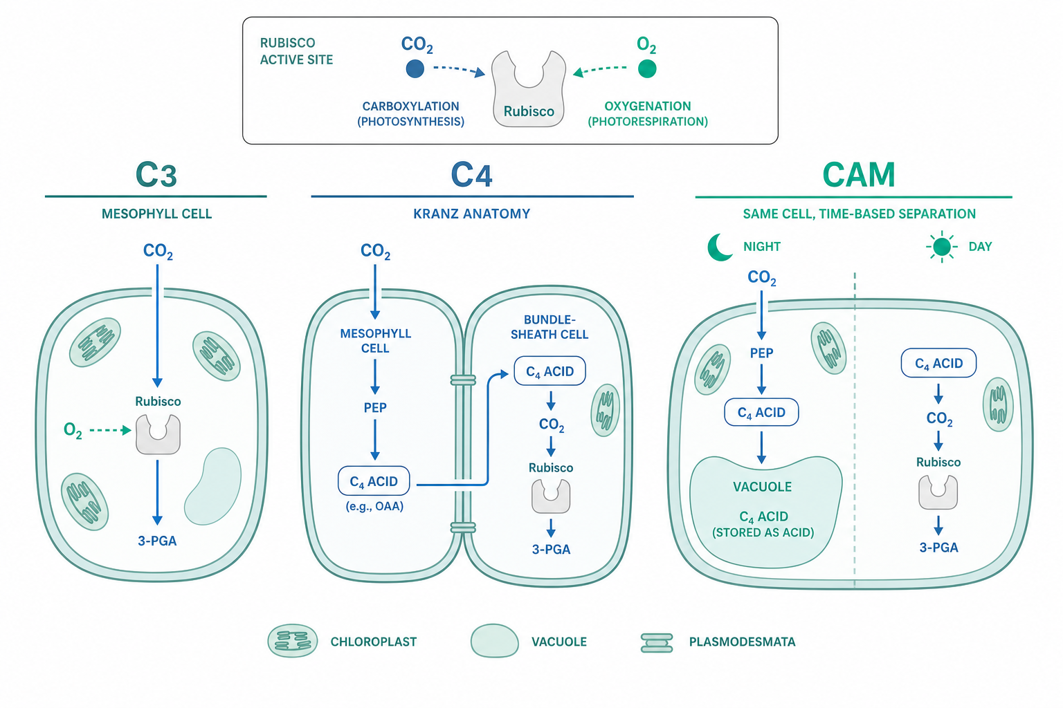 光呼吸與 C4／CAM 的演化適應概念示意圖
